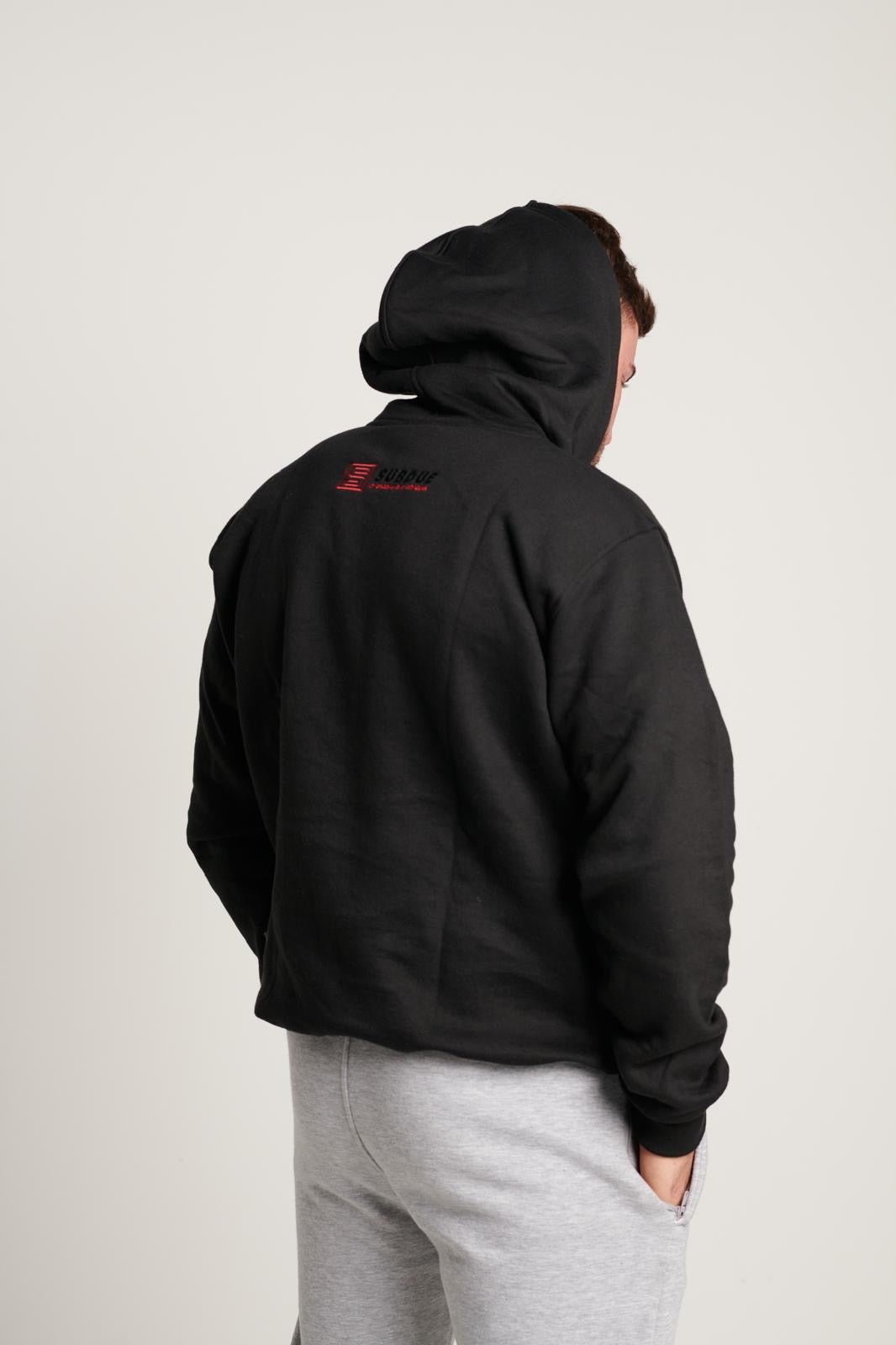 The Midnight Black Chenille Hoodie with The Black & Red Subdue Logo