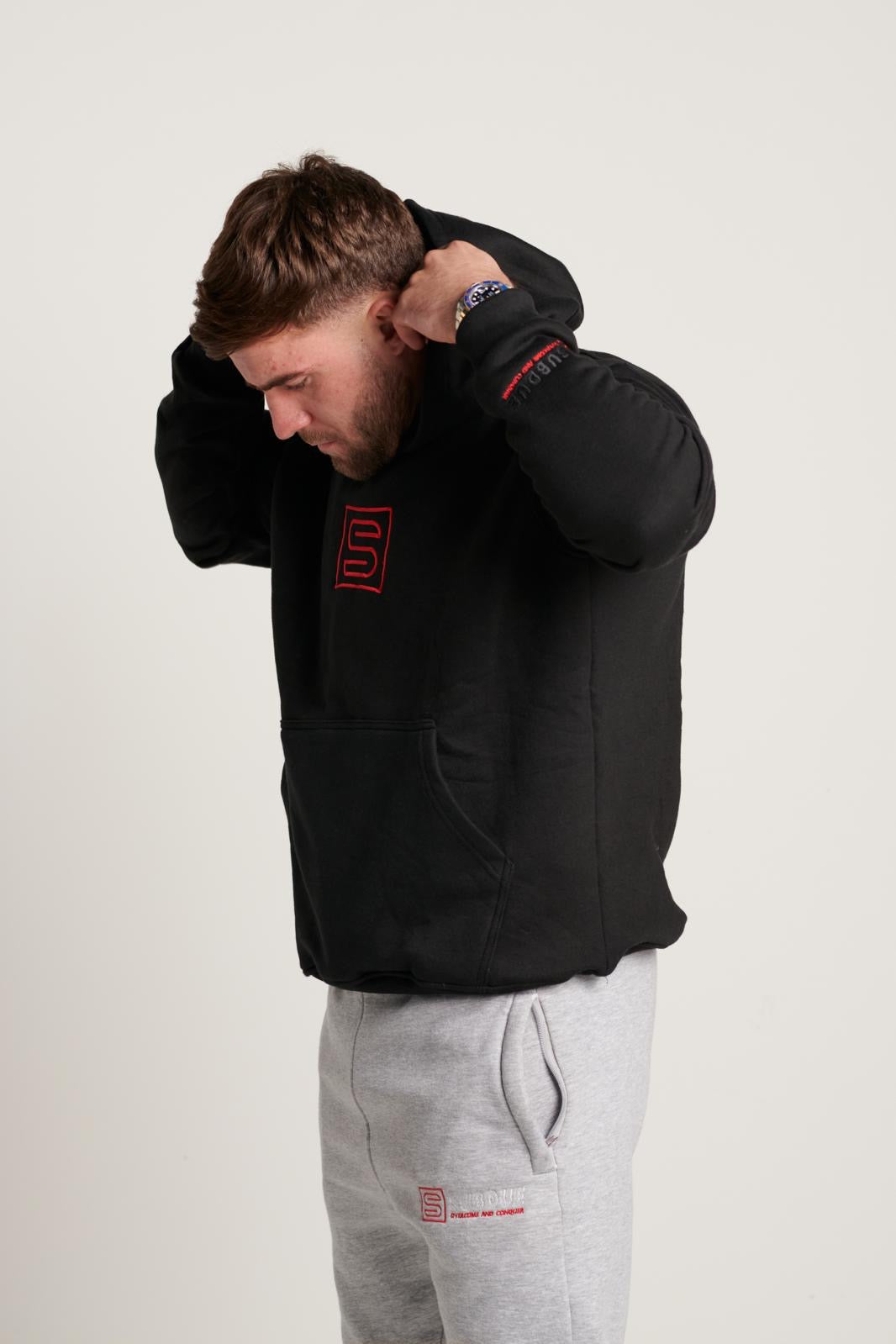 Subdue Midnight Black Large S Logo Hoodie with The Black & Red Trim Logo