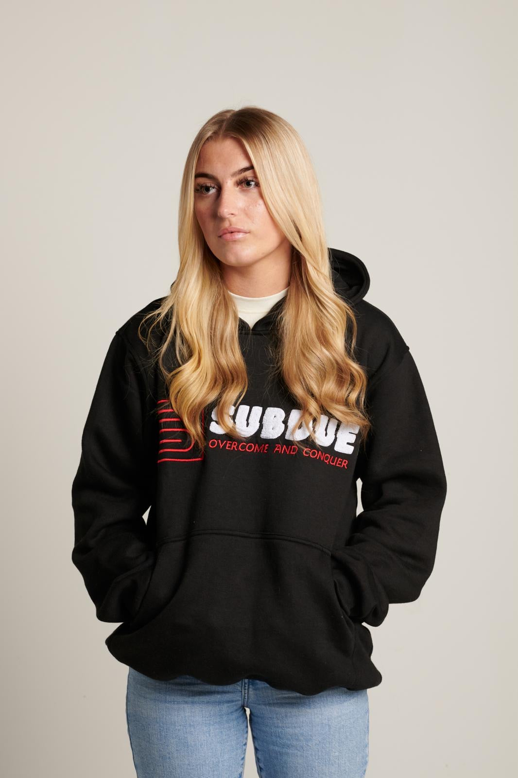 The Midnight Black Chenille Hoodie With The White & Red Subdue Logo