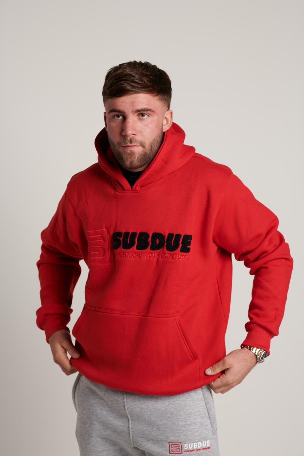 LIMITED EDITION - The Chenille Hoodie In Fire Red With The White & Black Subdue Logo