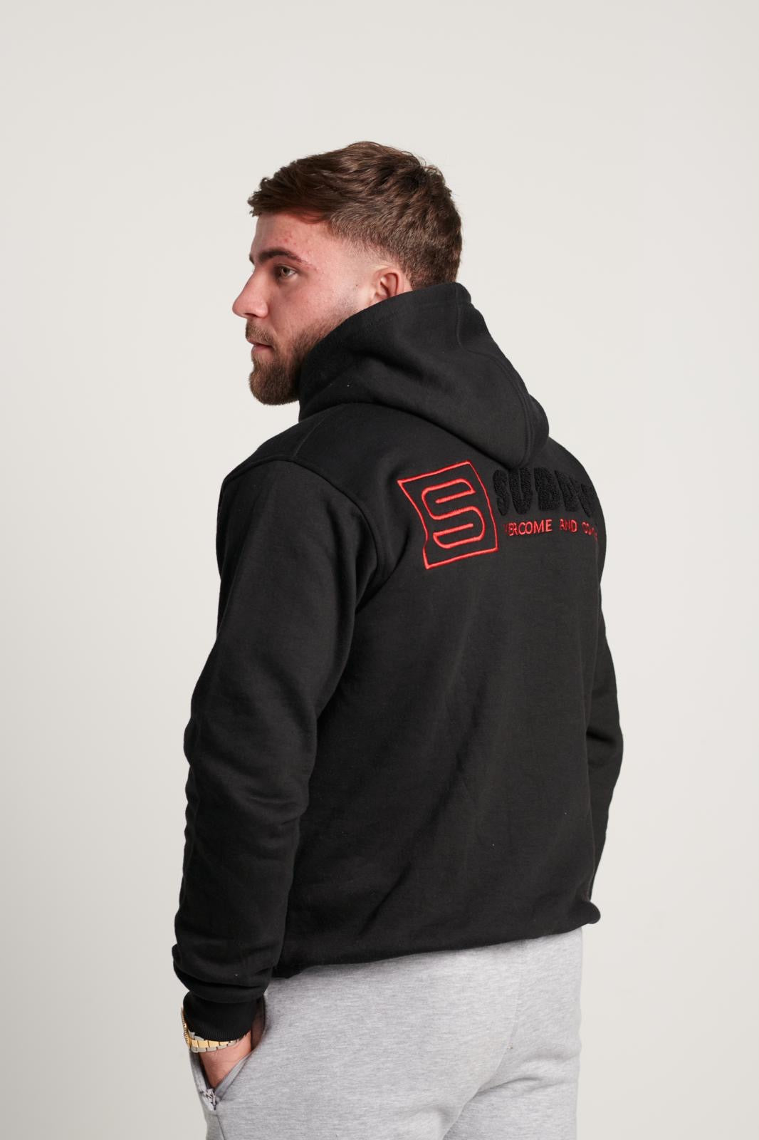 The Midnight Black Chenille Hoodie with The Black & Red Subdue Logo