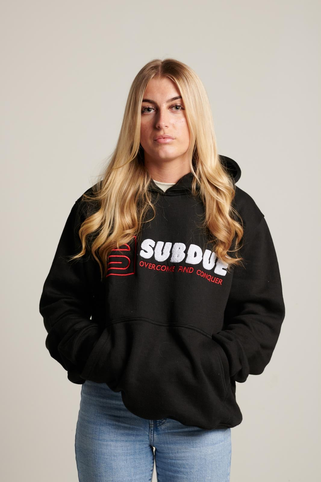 The Midnight Black Chenille Hoodie With The White & Red Subdue Logo