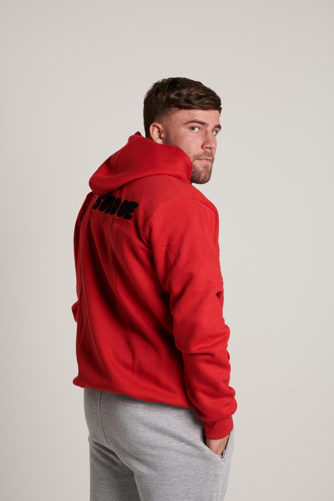 LIMITED EDITION - The Chenille Hoodie In Fire Red With The White & Black Subdue Logo