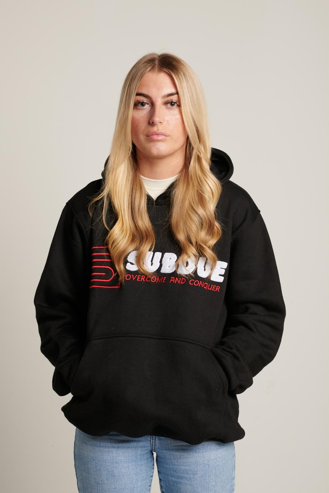 The Midnight Black Chenille Hoodie With The White & Red Subdue Logo