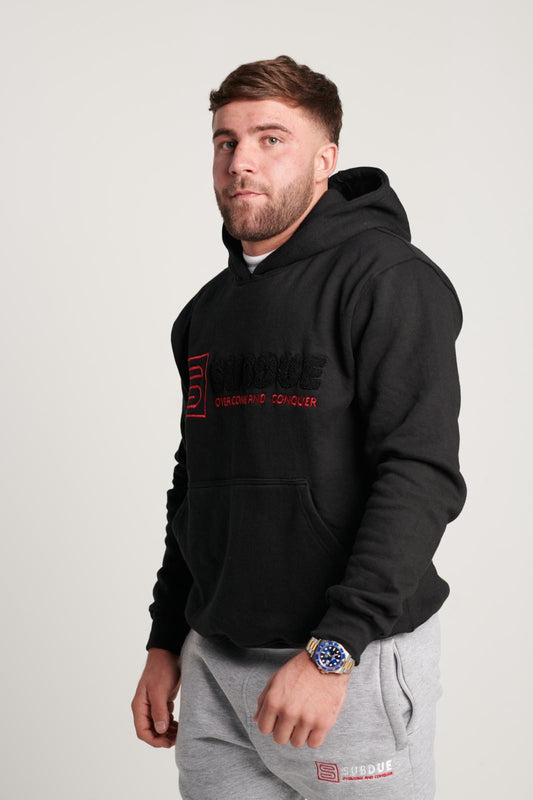 The Midnight Black Chenille Hoodie with The Black & Red Subdue Logo