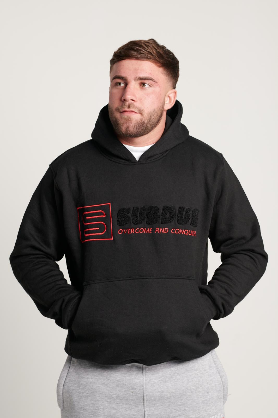 The Midnight Black Chenille Hoodie with The Black & Red Subdue Logo