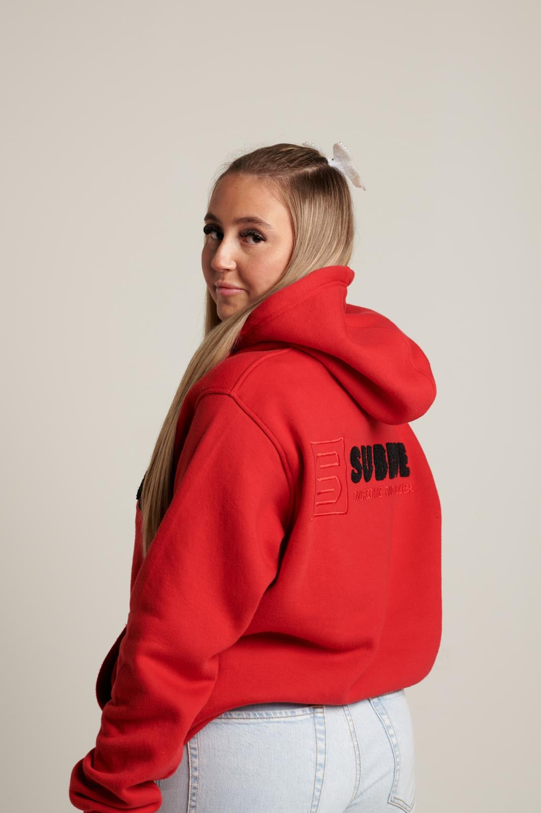 LIMITED EDITION - The Chenille Hoodie In Fire Red With The White & Black Subdue Logo