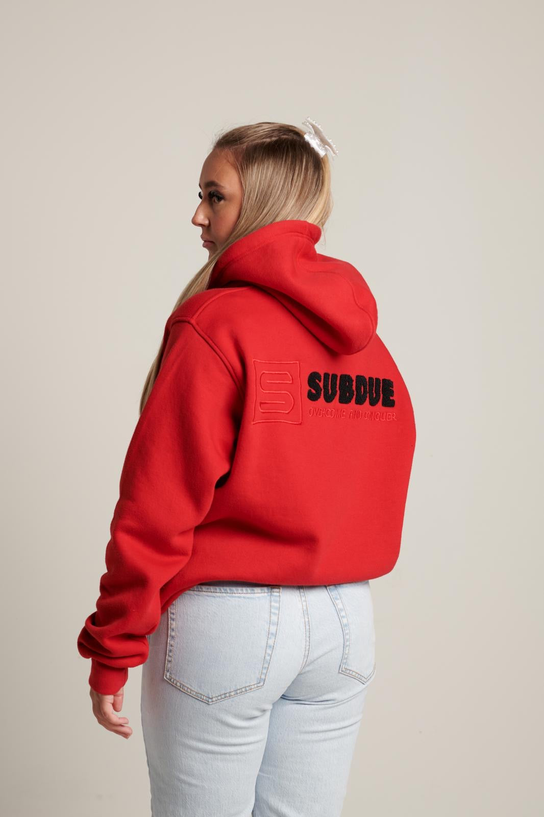 LIMITED EDITION - The Chenille Hoodie In Fire Red With The White & Black Subdue Logo