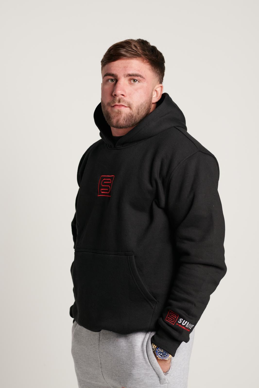 Subdue Midnight Black Large S Logo Hoodie with The Black & Red Trim Logo