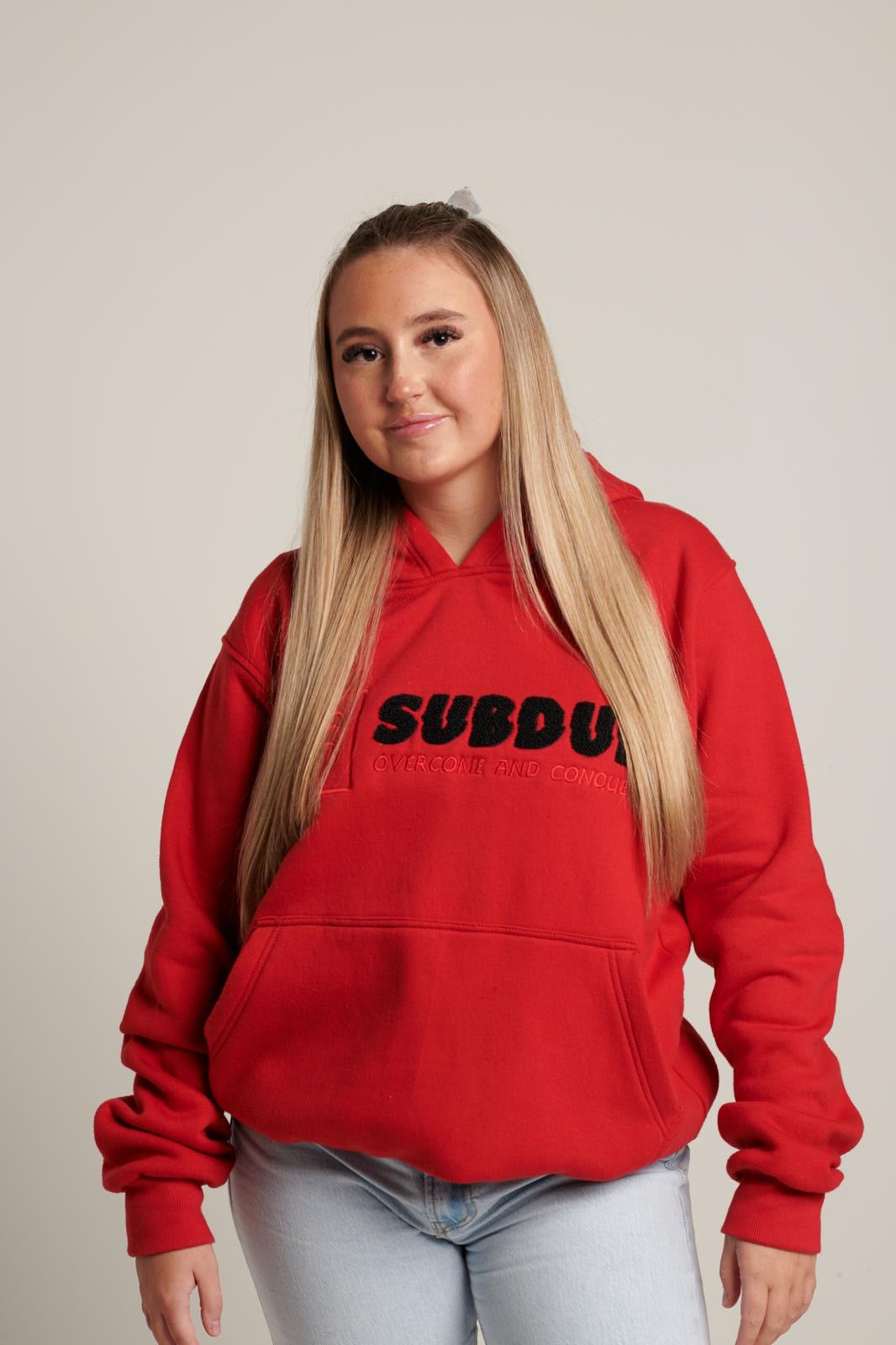 LIMITED EDITION - The Chenille Hoodie In Fire Red With The White & Black Subdue Logo